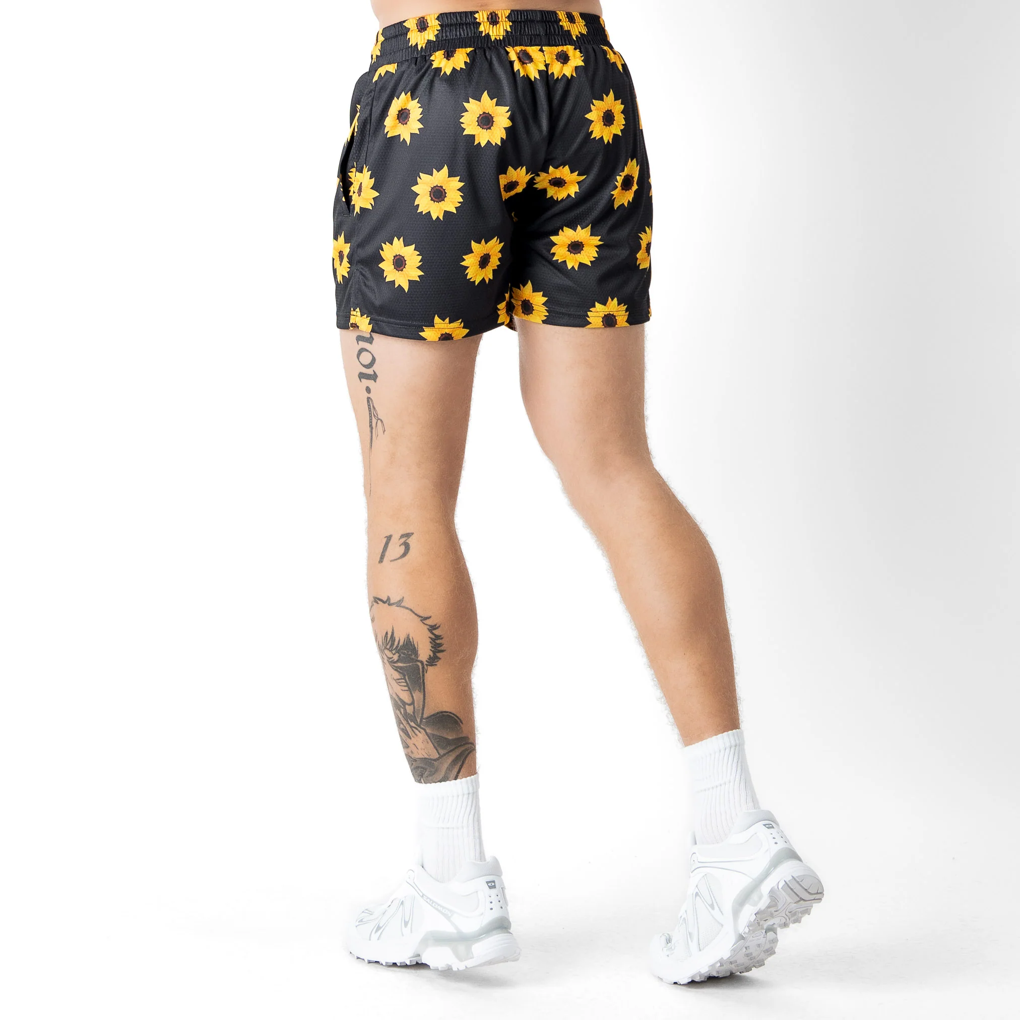 MUAY THAI SHORTS (MID THIGH CUT) SUNFLOWER - BLACK - Image 4