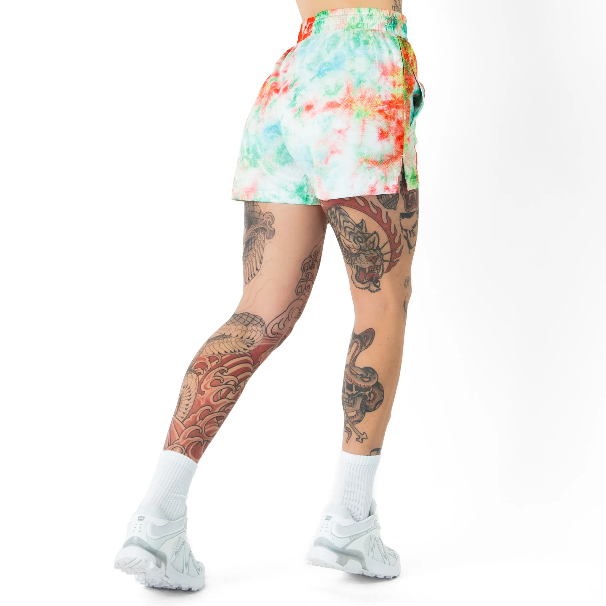 MUAY THAI SHORTS (MID THIGH CUT) TIE DYE - RED / GREEN - Image 6