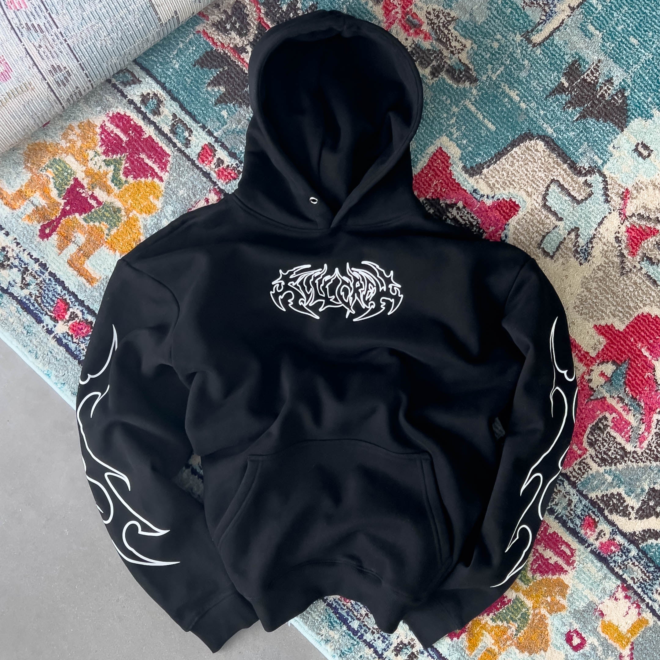 OVERSIZED LUX "TRIBAL" HOODIE - BLACK / WHITE - Image 5