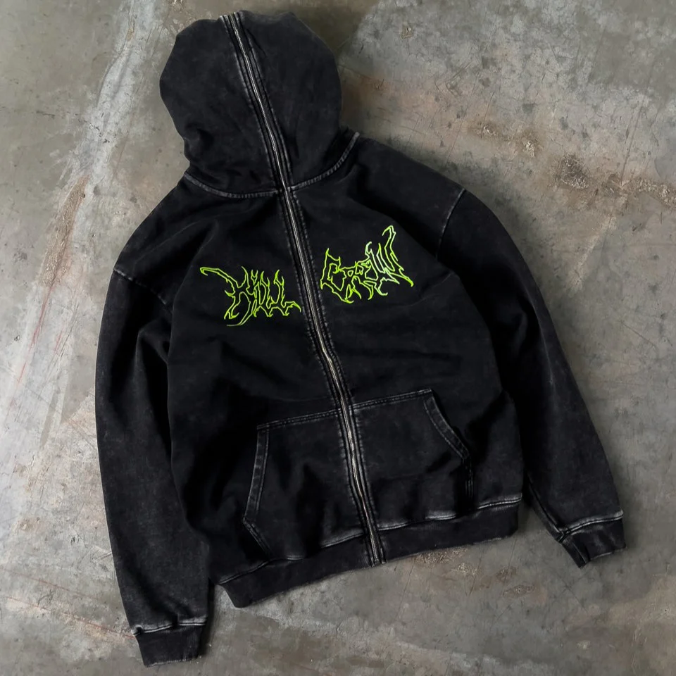OVERSIZED LUX WOLF ZIP UP HOODIE - BLACK / GREEN - Image 3